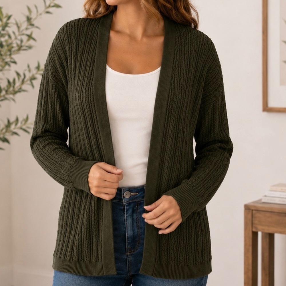 Cyrus Olive Green Cable Knit Open Front Cardigan Sweater Women's M Layering